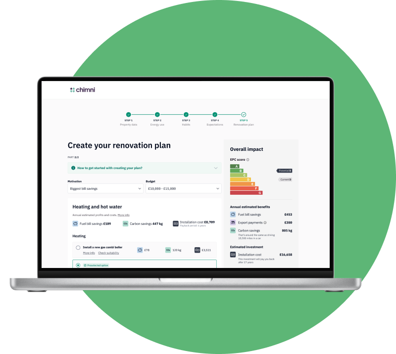 A laptop screen showcasing the design suggestions to create your own renovation plan in the Chimni logbook 